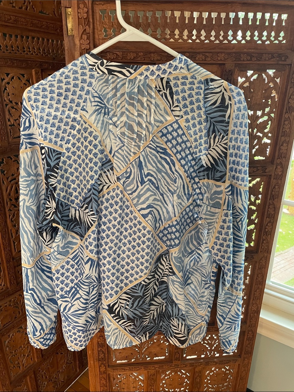CeCe Blue, White & Tan Patchwork Print Button Blouse - Picture 6 of 6